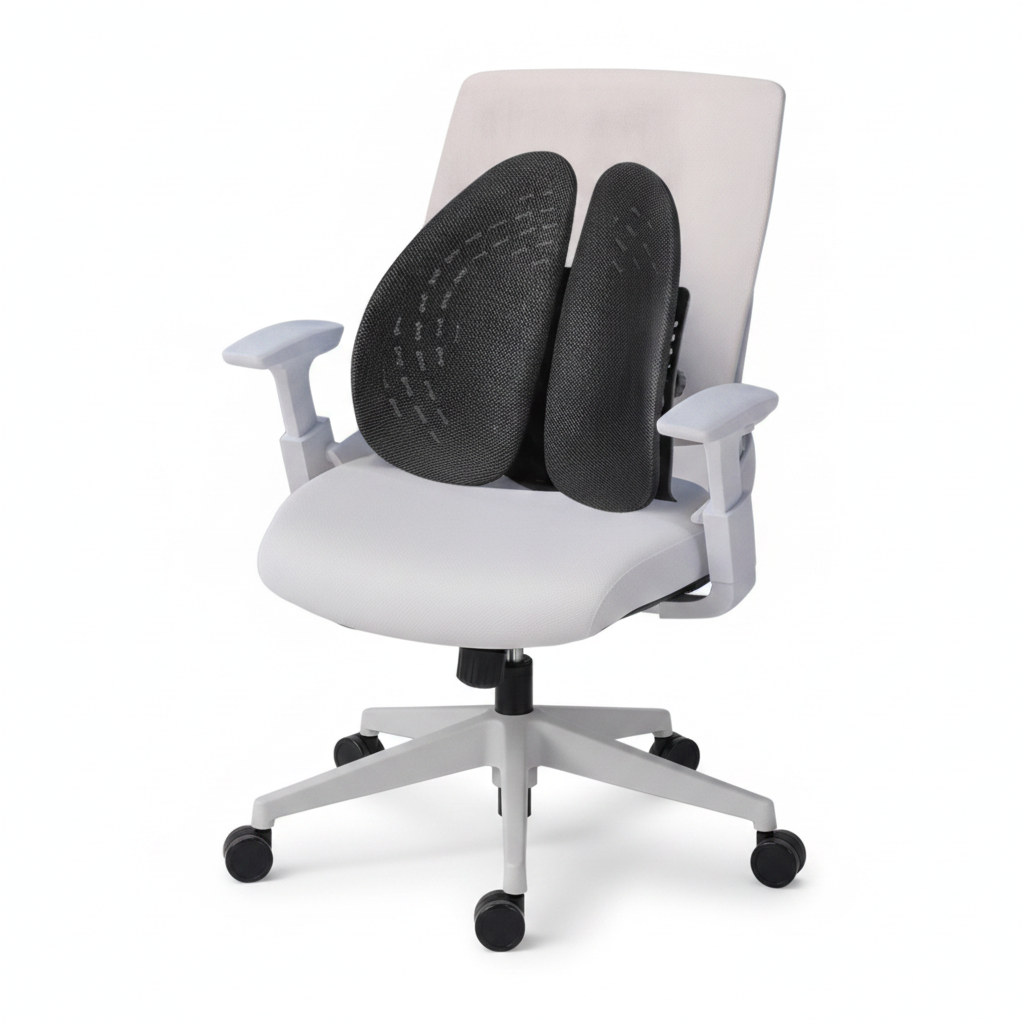 Uprite lumbar support fitted to a black office chair, seen from the front