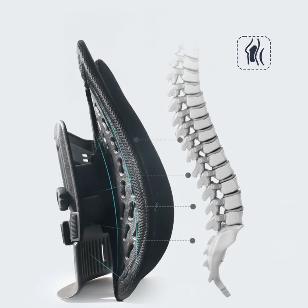 Side profile of the Uprite showing its 4.3 inch depth against a backrest