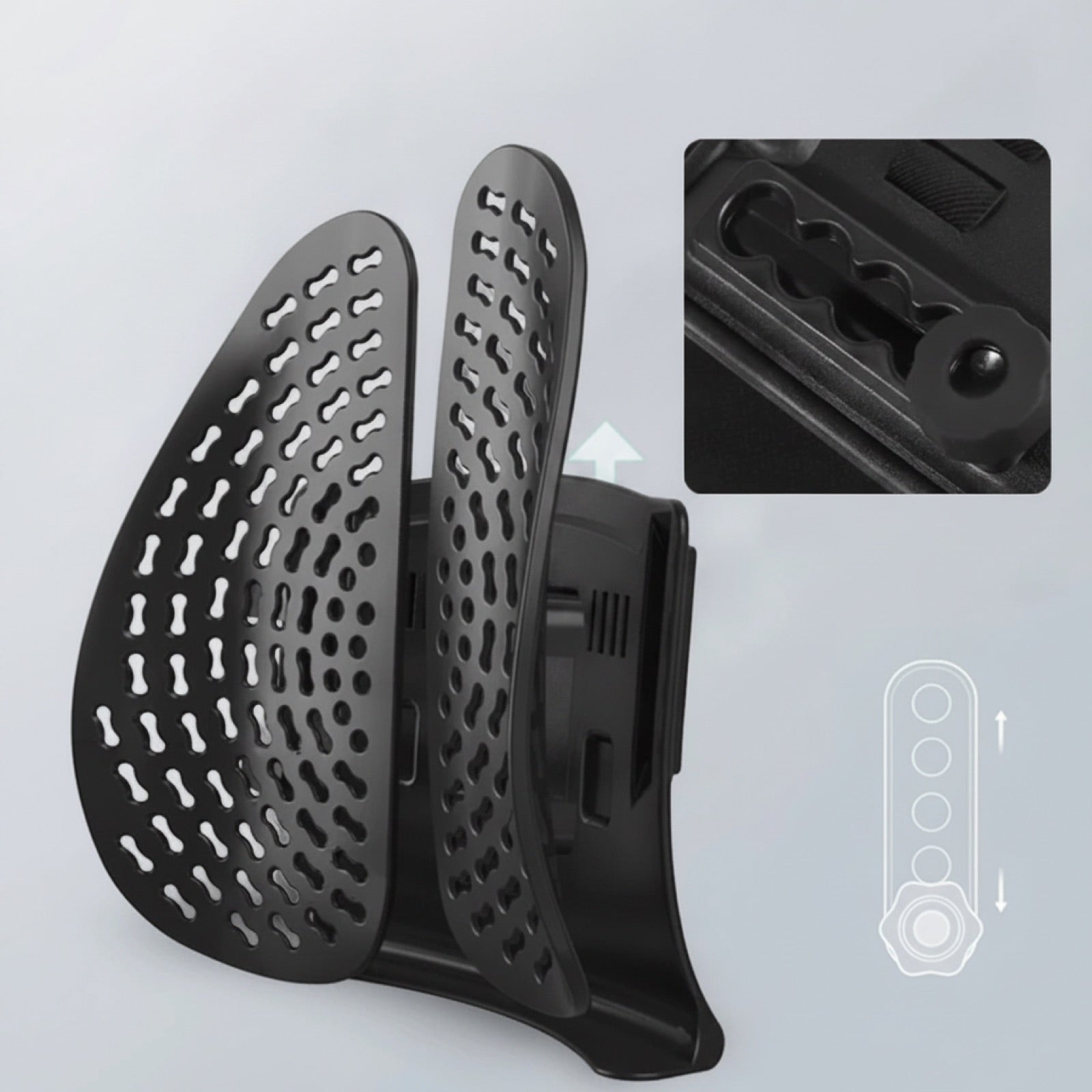 Close-up of the Uprite four position tool free height adjustment knob and slotted rail.