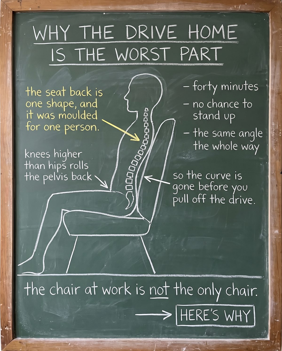 Chalkboard drawing of a car seat, showing knees higher than hips rolling the pelvis back