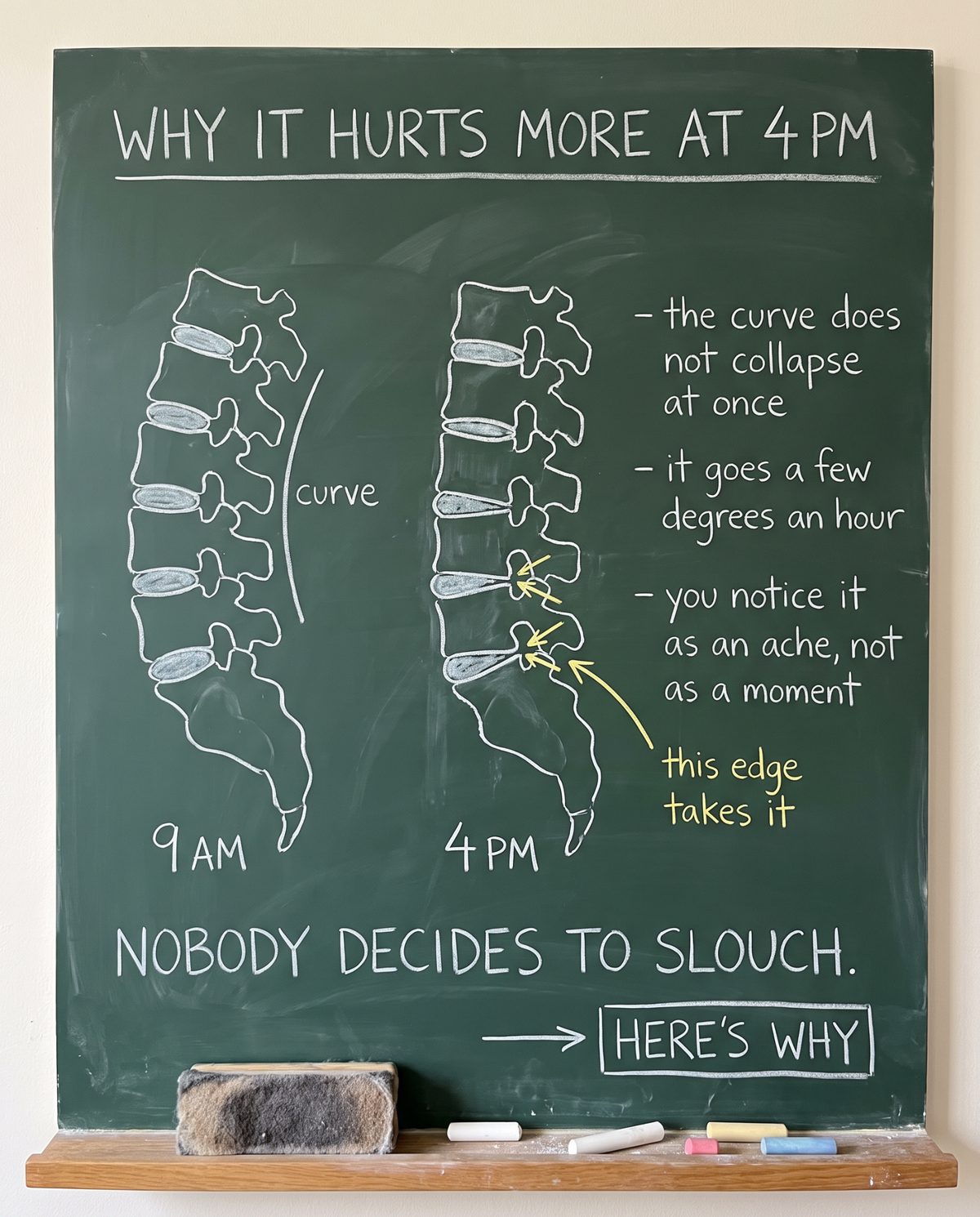 Chalkboard drawing comparing the lower back curve at 9AM and at 4PM
