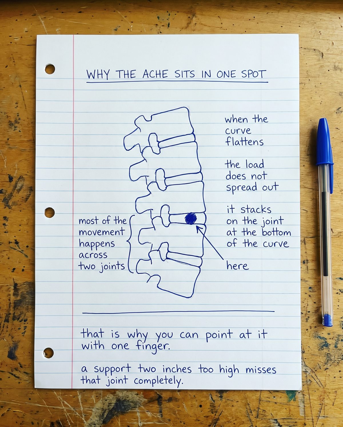 Notebook sketch showing why the ache concentrates at the joint at the bottom of the curve