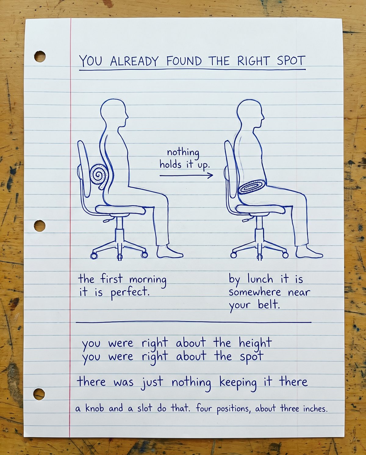 Notebook drawing of a rolled towel losing height and sliding down the chair back during the day