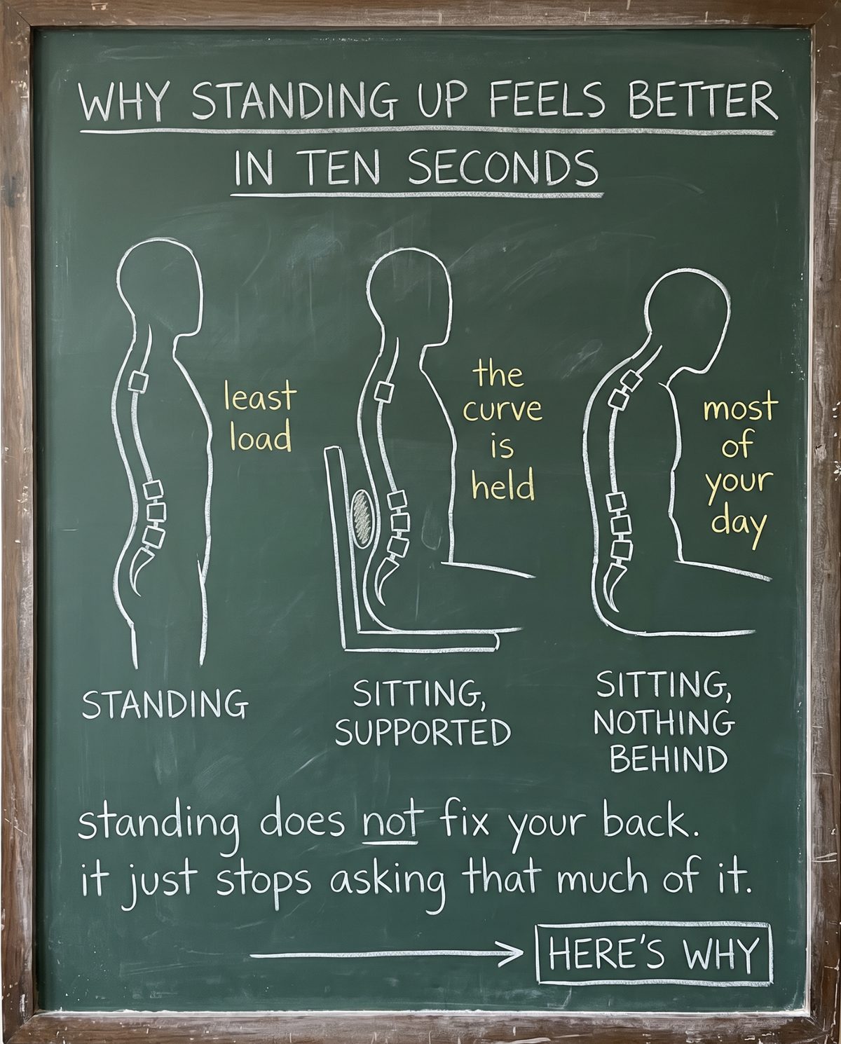 Chalkboard drawing of standing, sitting with support and sitting with nothing behind the back