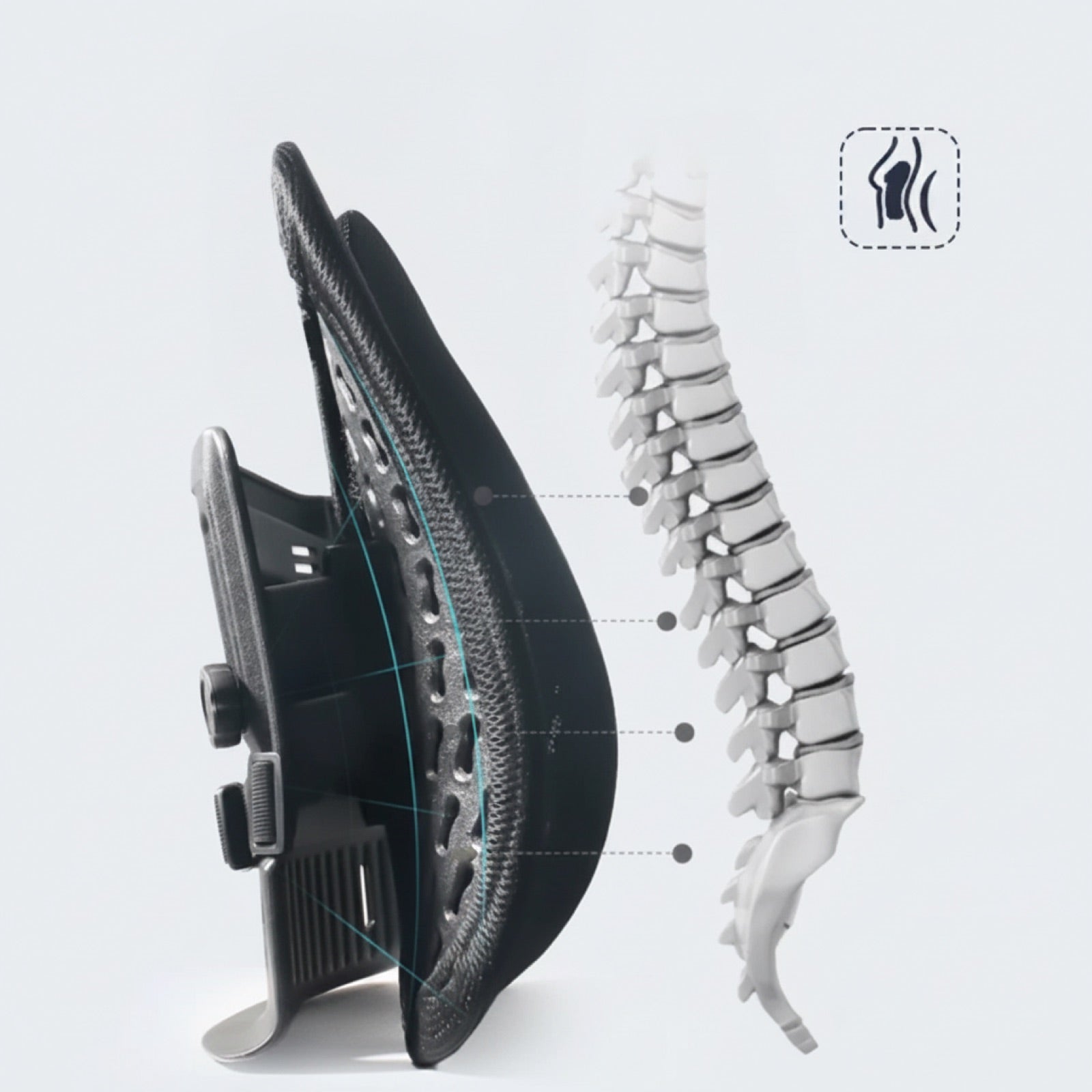Side profile diagram of the Uprite lumbar support showing the adjustable apex, open centre channel, twin flexing wings and 4.3 inch depth.